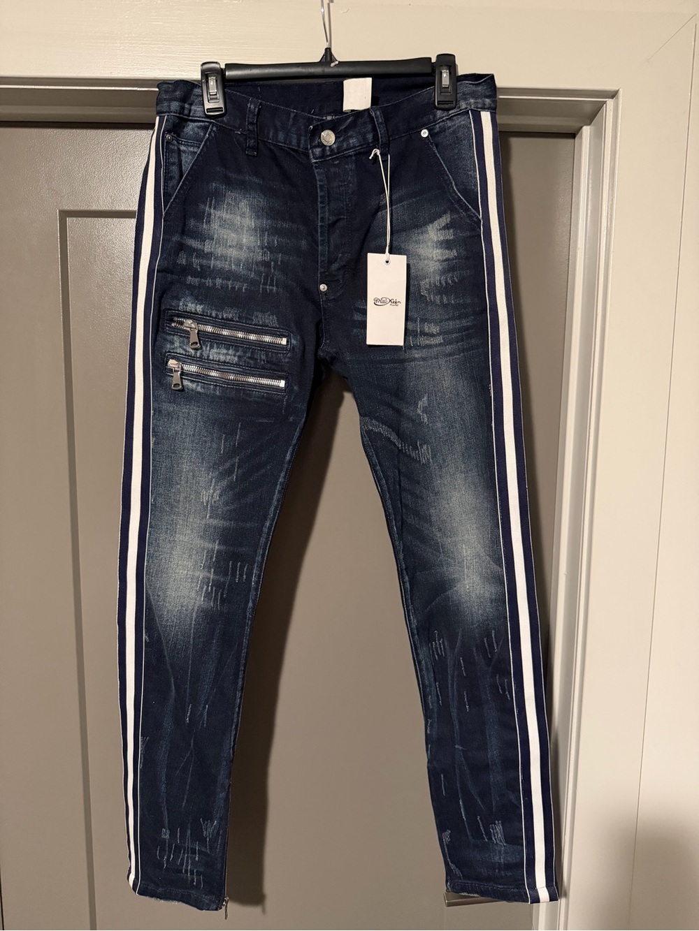 Men's Dark Blue Skinny Jeans with White & Navy Side Stripes